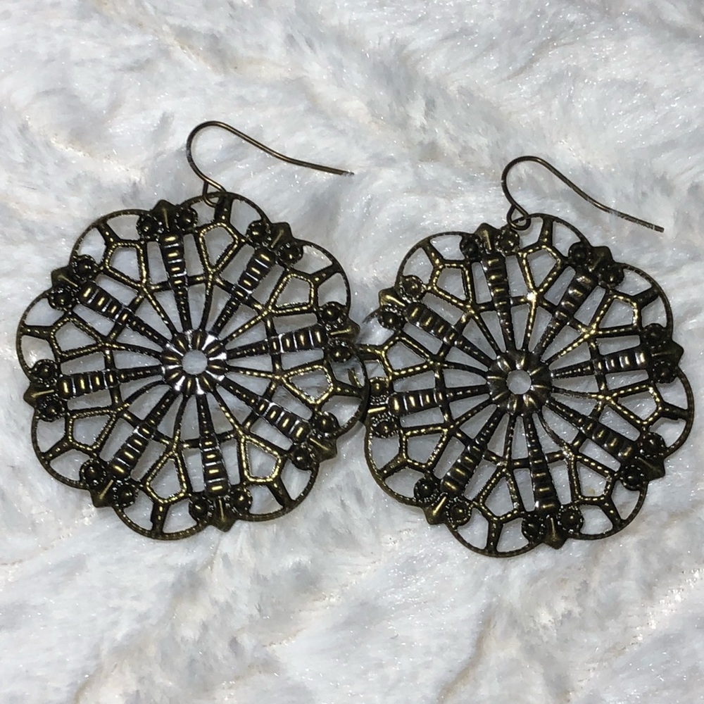 Round Brass Tribal Deco Hook Earrings